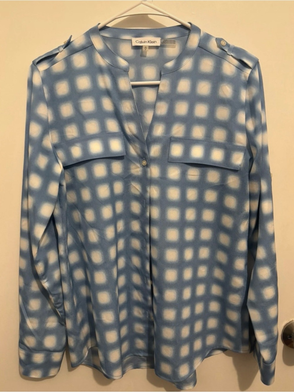Calvin Klein Blue and White Grid-Print Button-Down Blouse